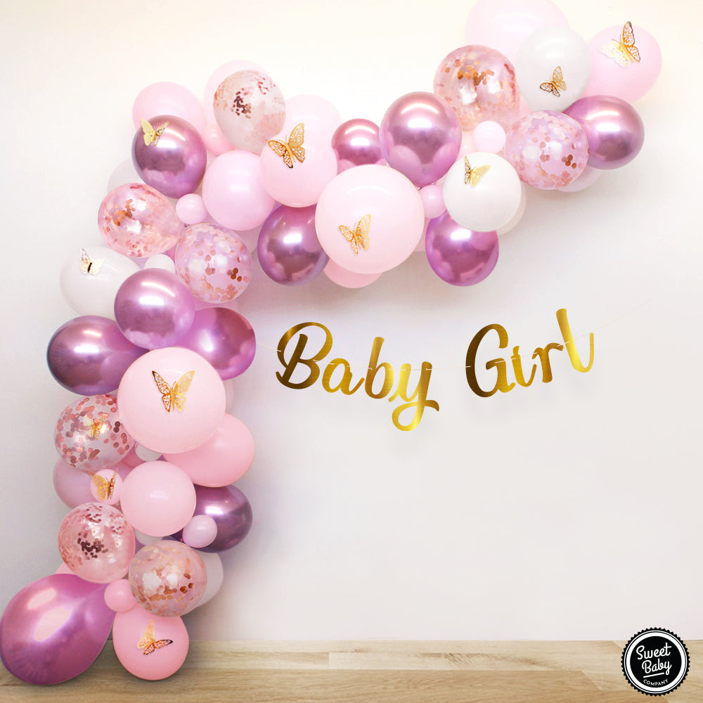 Butterfly Balloon Garland Kit with 89 Balloons in Light Pink, Rose Gold, White, and Mauve Chrome for Girl Baby Showers, Princess Floral Birthday Parties, and Maternity Photoshoots