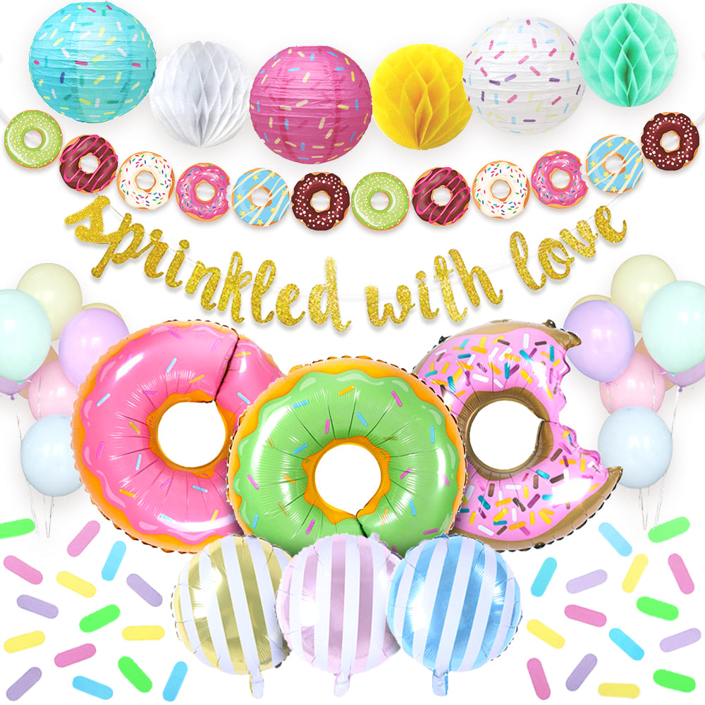 Donut Sprinkle Baby Shower Decorations with Lanterns, Balloons, Honeycomb Balls, and Confetti for Boy or Girl Baby Showers, Gender Reveals, and Birthdays