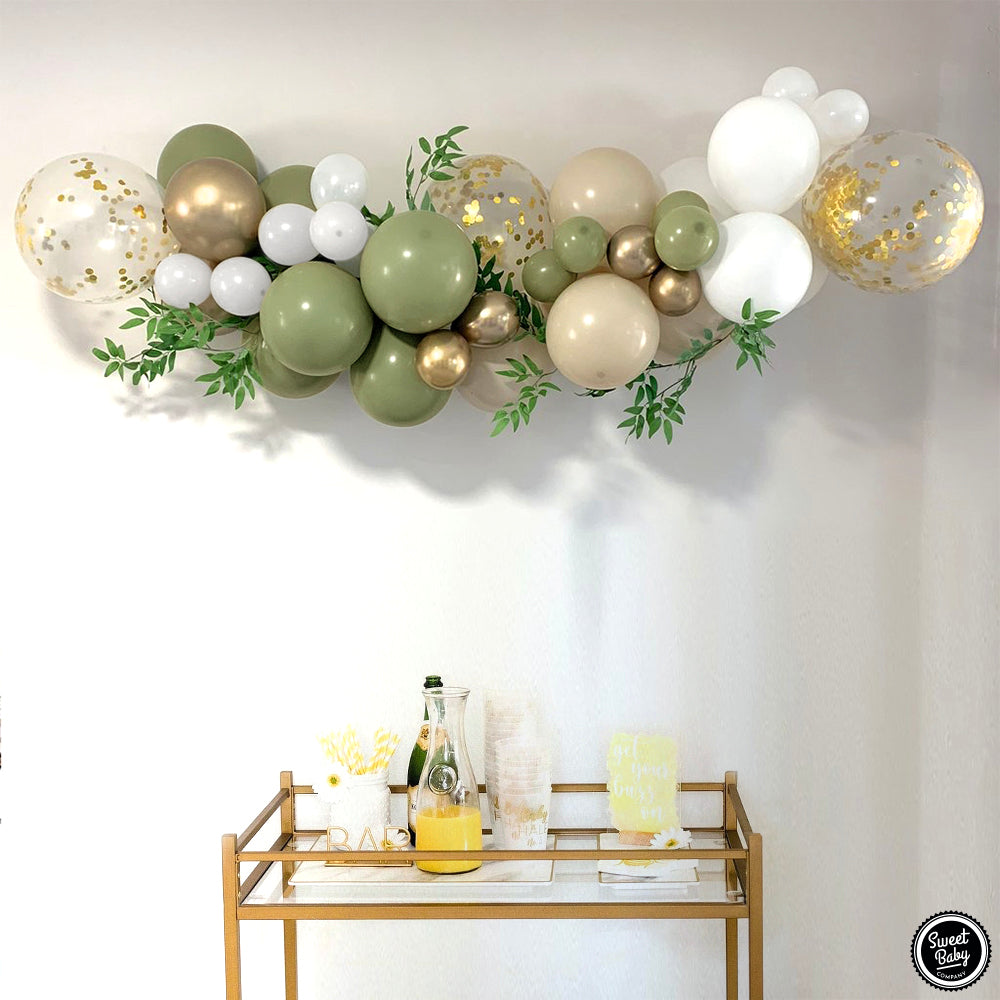 Sage Green Balloon Garland Kit for Neutral Arch with Matte Sage Olive, Taupe, White, Gold Metallic, Confetti Balloons for Baby Shower, Eucalyptus Party Decorations