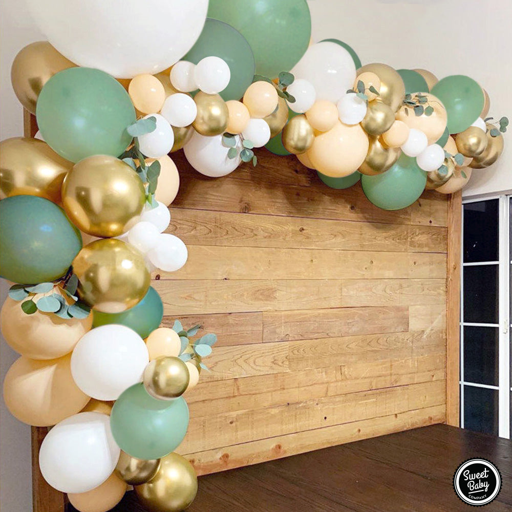 Sweet Baby Co. Sage Green Balloon Garland Arch Kit with Eucalyptus Olive, Peach, White, Gold Balloons and Greenery
