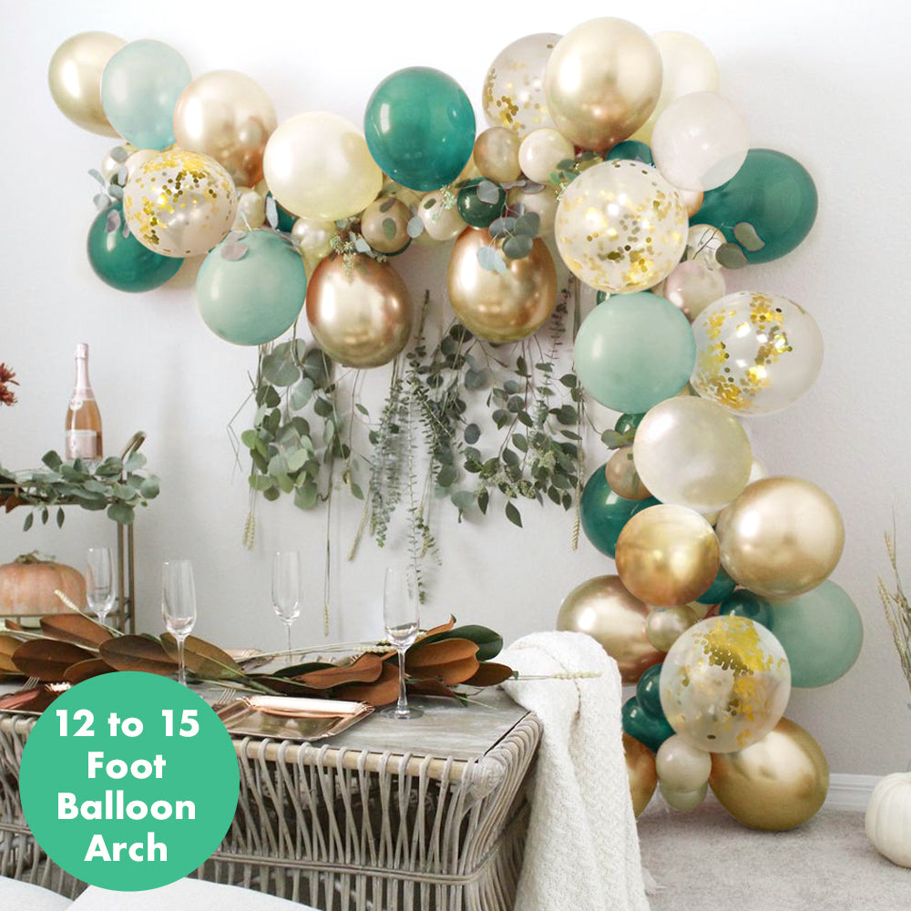 Sweet Baby Co. Sage Green Balloon Garland Arch Kit with Eucalyptus Olive, Jungle Green, Ivory White, Gold Balloons and Greenery for Forest Safari Earth Tropical Theme Decorations Baby Bridal Shower Birthday Party