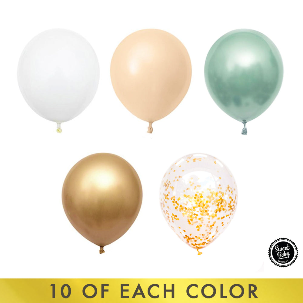Sage Green Balloons 50 Pack with Light Eucalyptus, Peach, Confetti, Gold Metallic, White