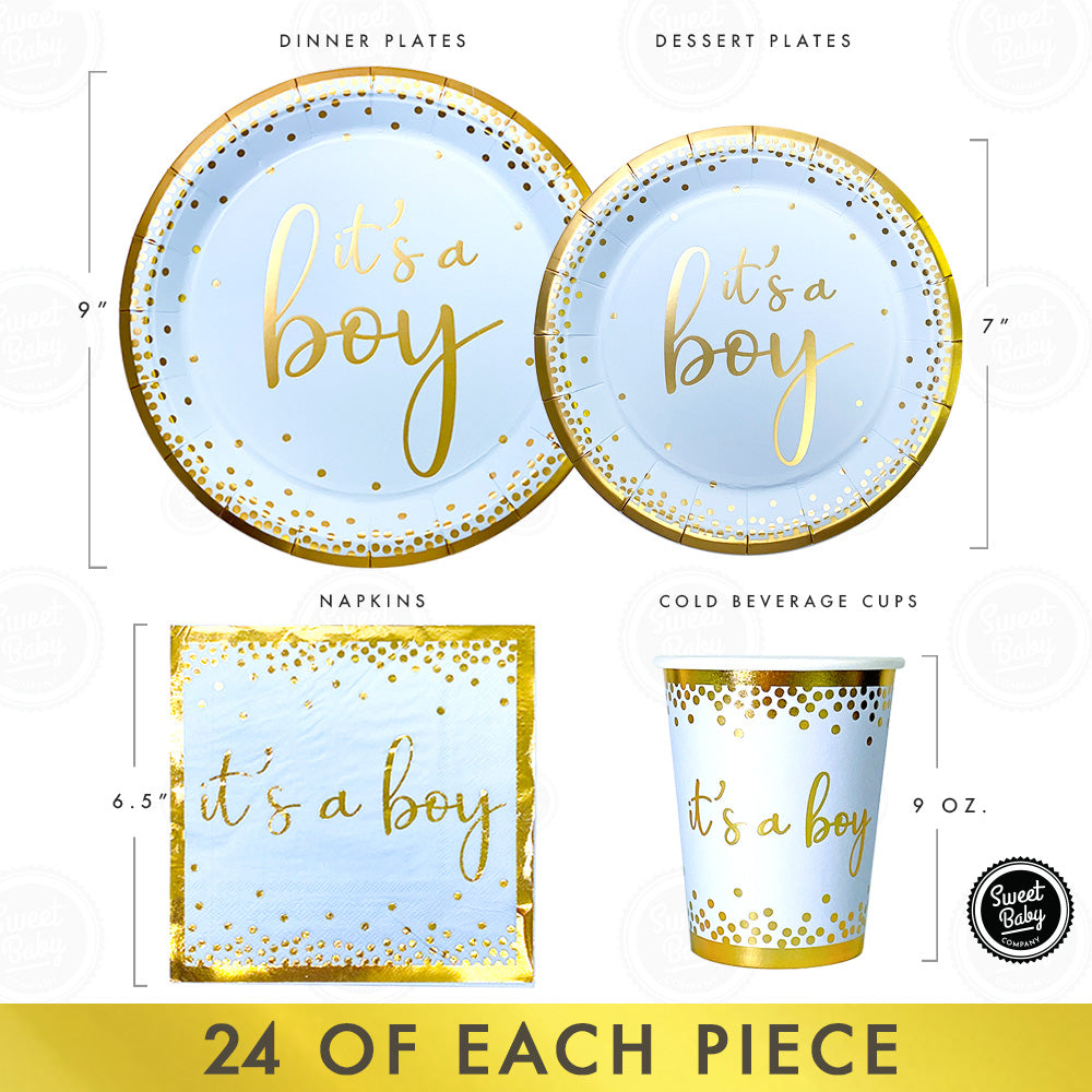 Matte Blue Gold Baby Shower Tableware Set - 24 Plates, Napkins, and Cups for Baby Boy Birthdays, Gender Reveals, and Baby Shower Party Supply