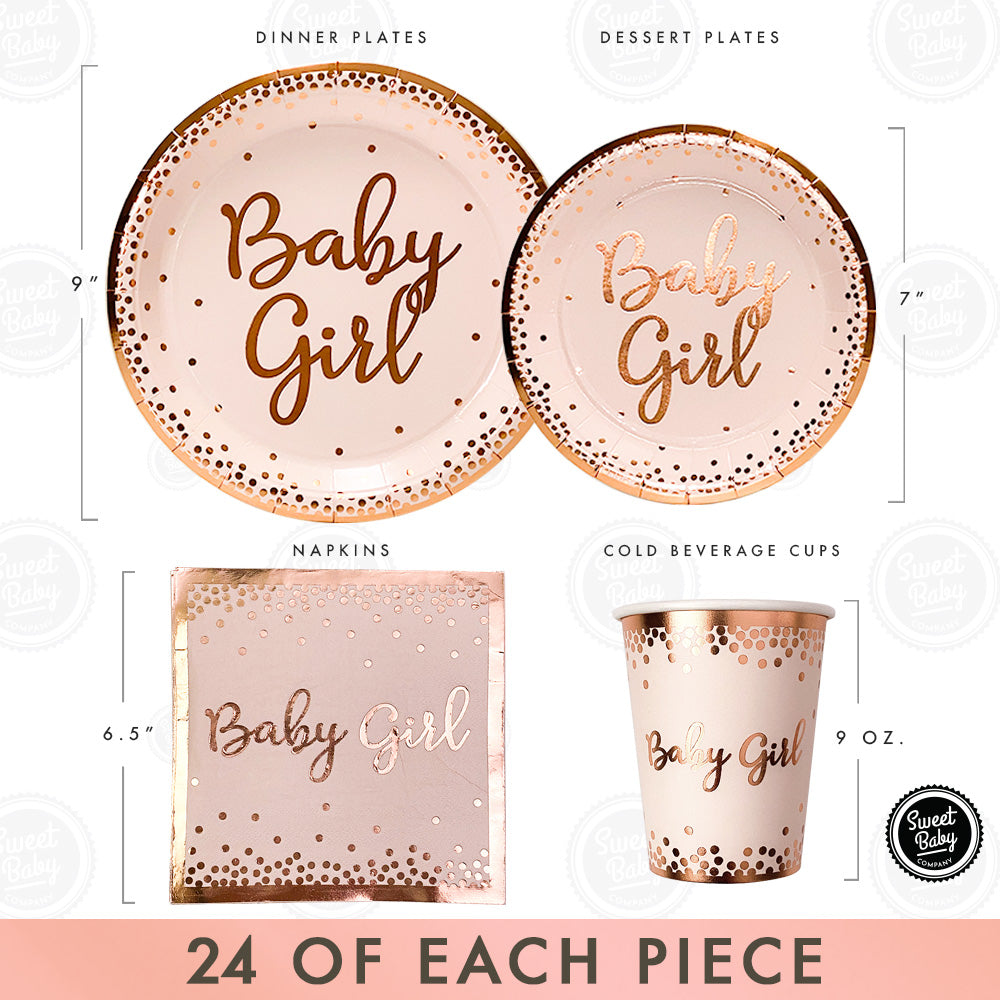 Baby Shower Tableware Plates and Napkins, Baby Girl Decorations | 25  Servings With Rose Gold Foil, Pink Floral Paper Dessert Disposable Cups |  Tea