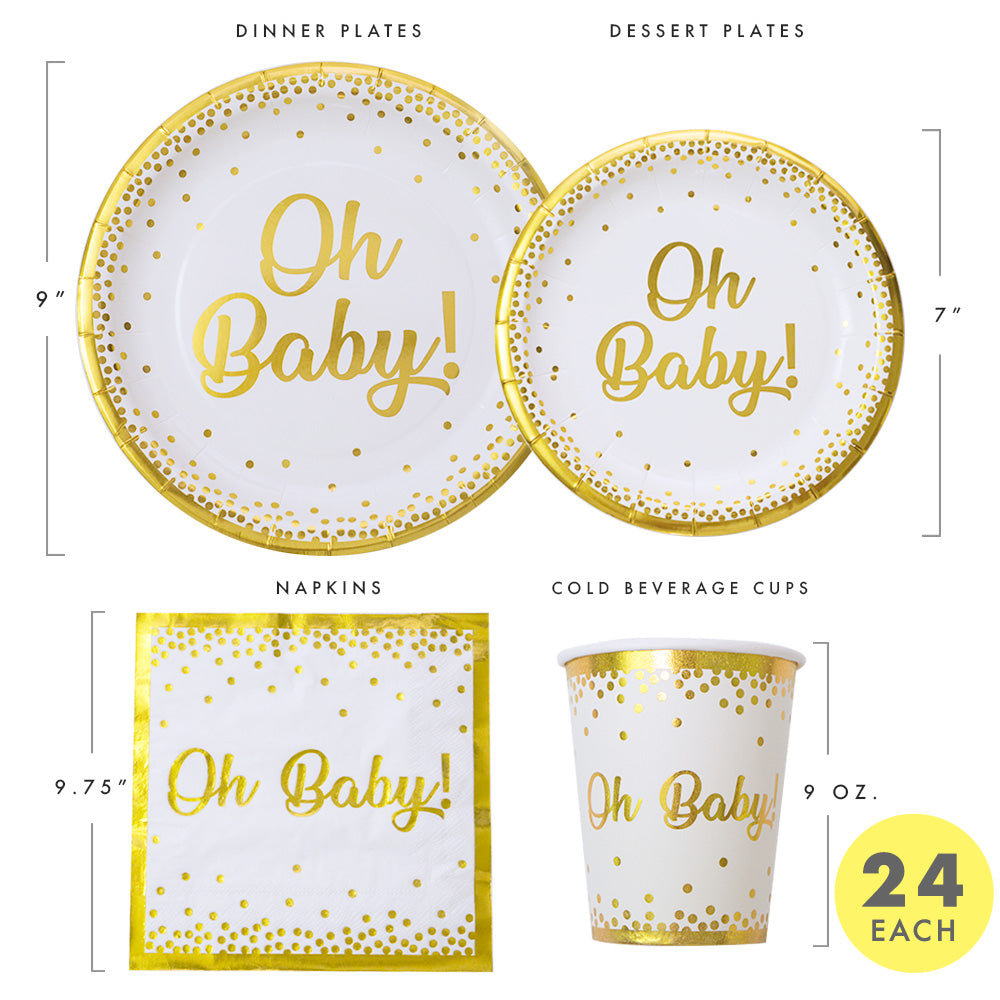Classic Gold Baby Shower Tableware Set - 24 Plates, Napkins, and Cups for Boy or Girl Birthdays, Bridal Showers, Weddings, and Baby Shower Party Supply