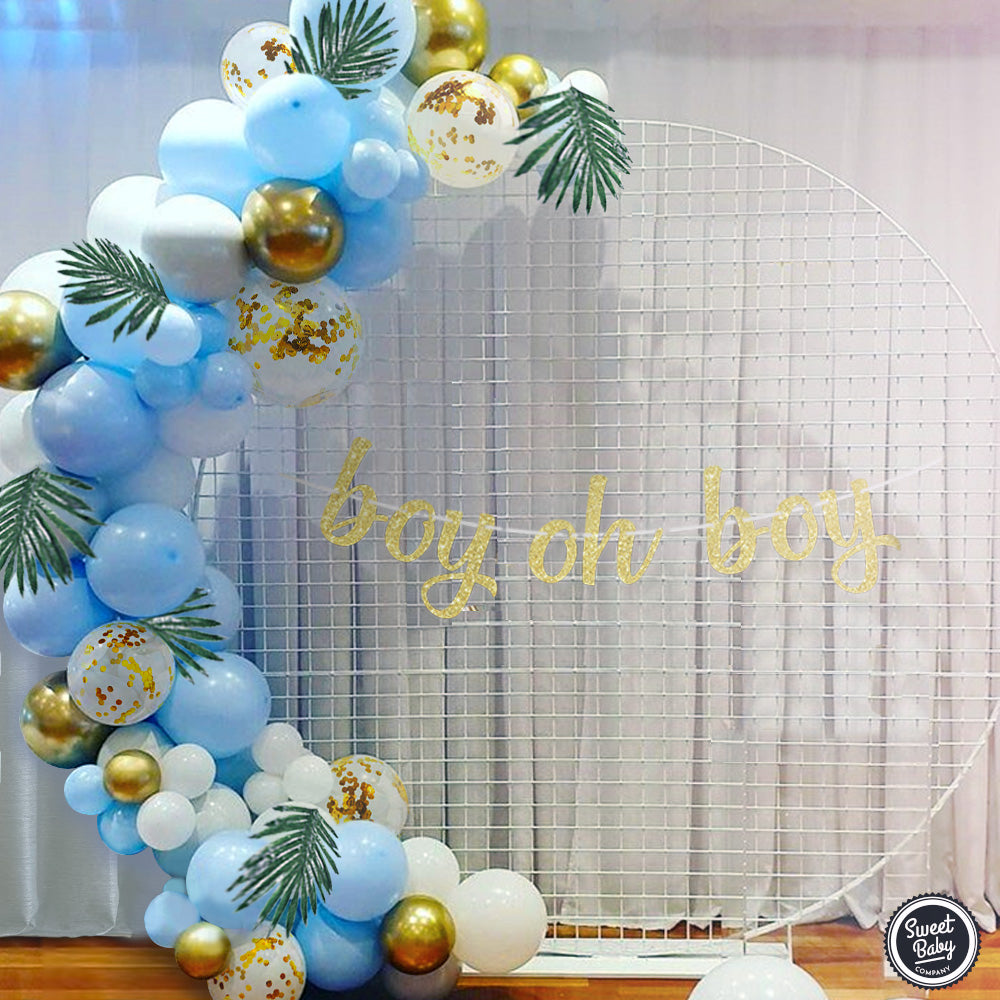 Blue Balloon Garland Kit with Greenery Leaves and 91 Balloons in Macaron Blue, White, and Gold Chrome for Boy Baby Showers, Birthdays, and Maternity Photoshoots