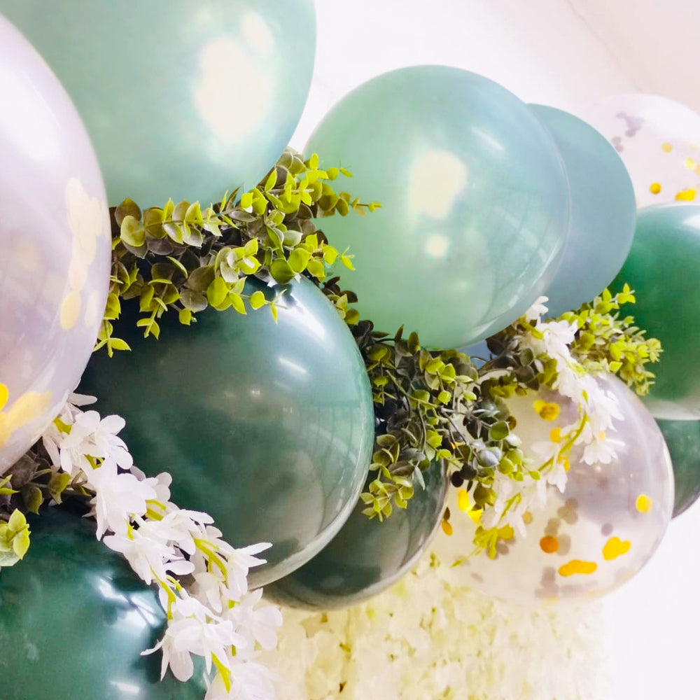 Sweet Baby Co. Sage Green Balloon Garland Arch Kit with Eucalyptus Olive, Jungle Green, Ivory White, Gold Balloons and Greenery for Forest Safari Earth Tropical Theme Decorations Baby Bridal Shower Birthday Party