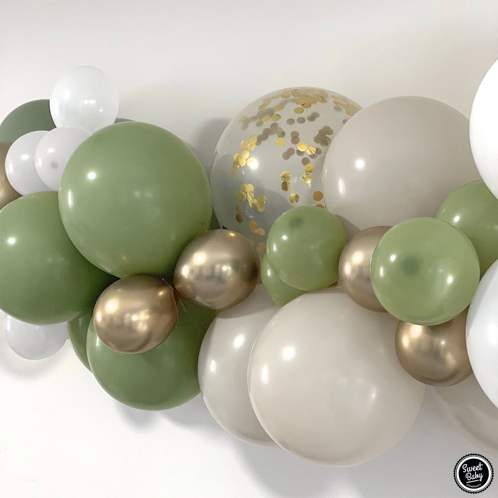 Sage Green Balloon Garland Kit with 132 Balloons in Matte Sage, Taupe, White, and Gold Metallic for Boho Gender Neutral Baby Showers and Party Decorations