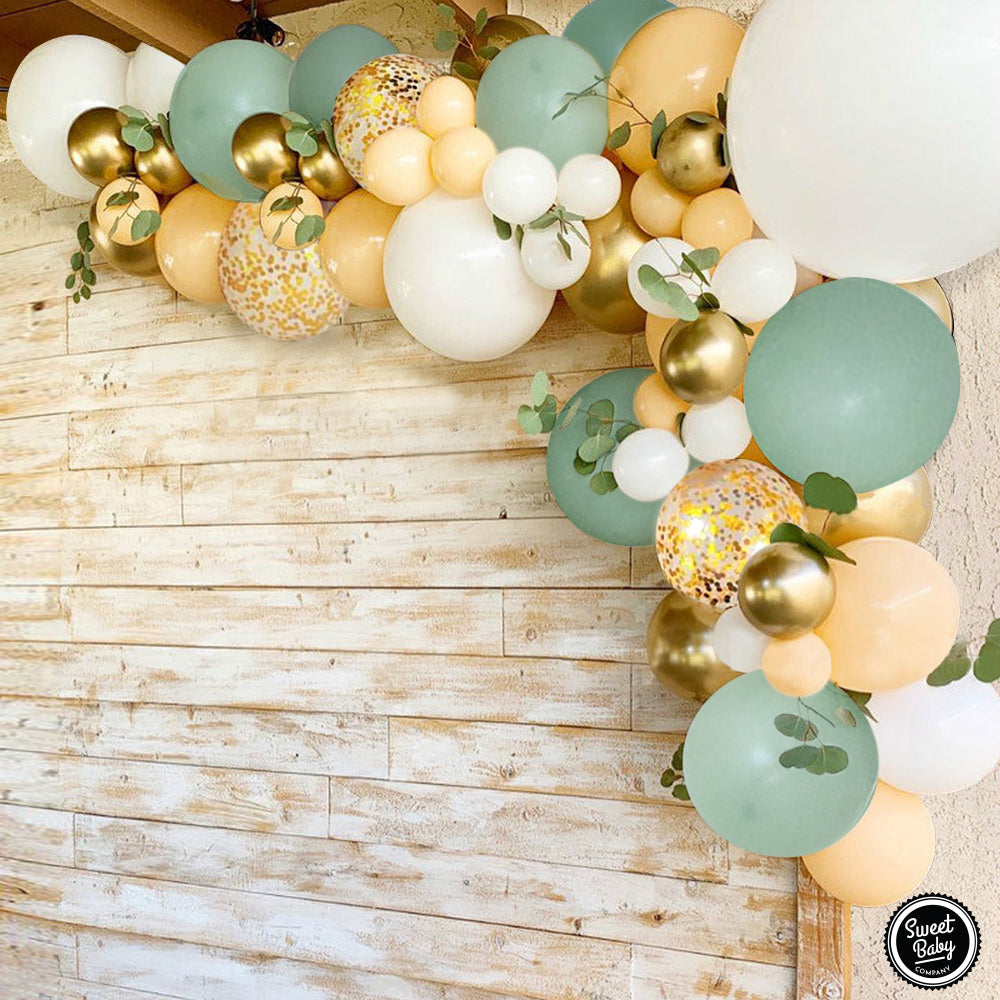 Sweet Baby Co. Sage Green Balloon Garland Arch Kit with Eucalyptus Olive, Peach, White, Gold Balloons and Greenery