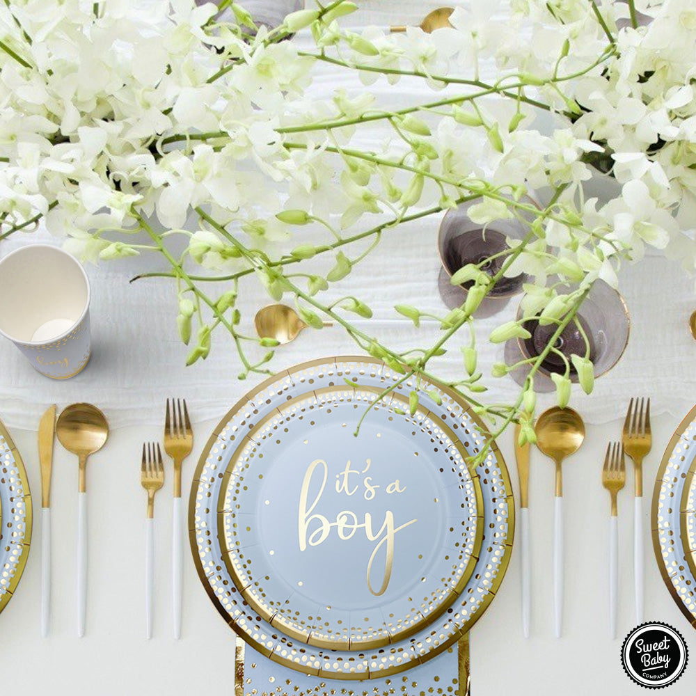 Matte Blue Gold Baby Shower Tableware Set - 24 Plates, Napkins, and Cups for Baby Boy Birthdays, Gender Reveals, and Baby Shower Party Supply