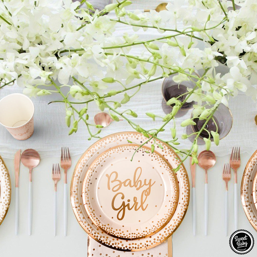 Rose Gold Pink Baby Shower Tableware Set - 24 Plates, Napkins, and Cups for Baby Girl Birthdays, Bridal Showers, Weddings, and Baby Shower Party Supply