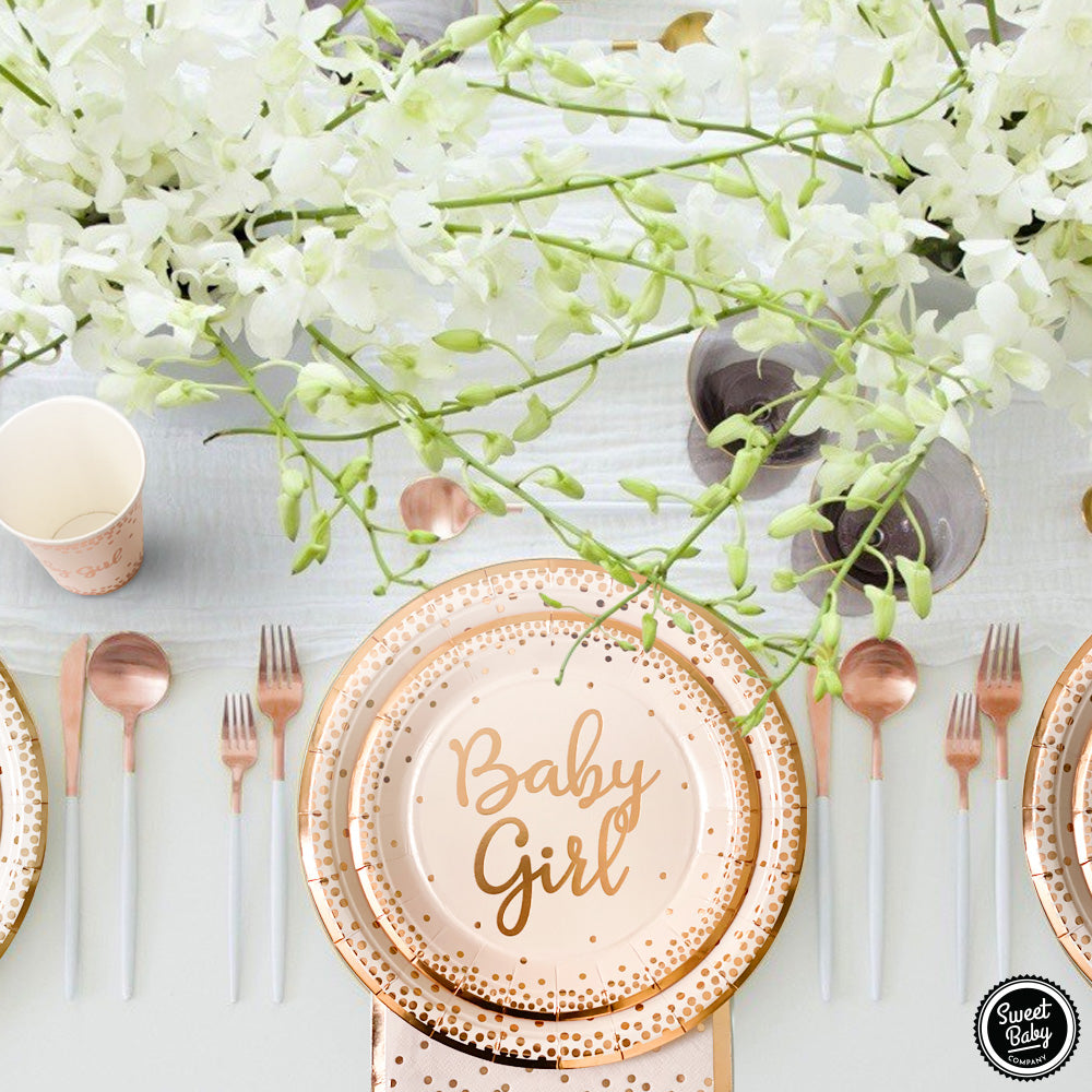 Baby Shower Plates and Napkins Girl for 24 With Rose Gold Pink Paper Plates, Dessert Plate, Napkins, Disposable Cups for Tea Party Supplies or Floral Decorations or Girls Birthday Set