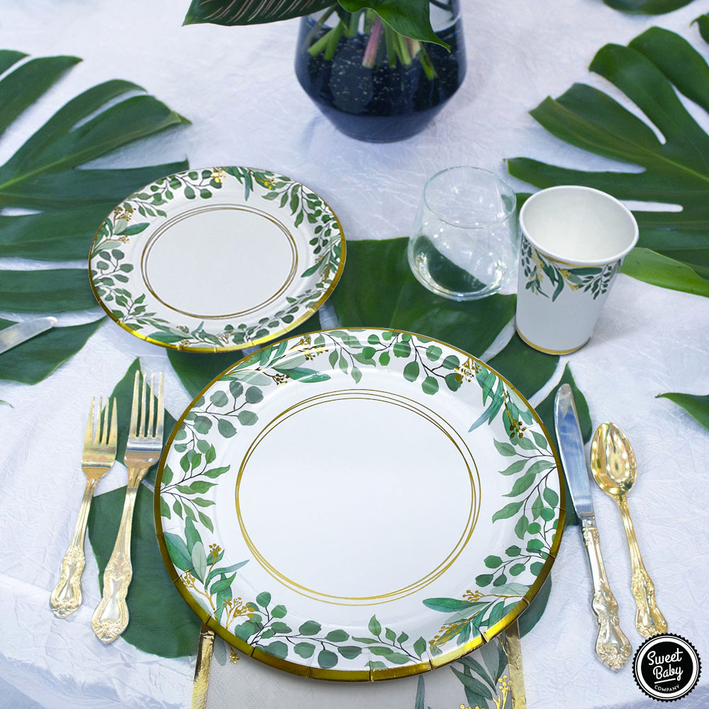 Sage Greenery Plates for 24 Jungle Theme Boho Party Supplies Bridal Baby Shower Napkins Boy Girl Paper Plate Napkin and Cups Safari Birthday Wedding Decorations Floral Gold Leaf Decor