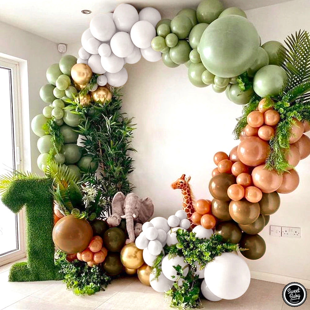 Sage and Earthy Brown Balloon Garland Kit with 95 Balloons in Pearl White, Sage, Cocoa Brown, and Gold Chrome for Woodland Boy or Girl Baby Showers and Safari Jungle Party Decorations