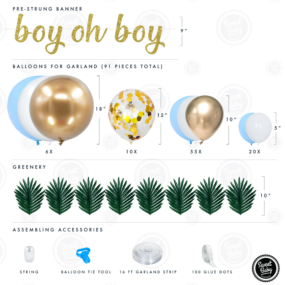 Blue Balloon Garland Kit with Greenery Leaves and 91 Balloons in Macaron Blue, White, and Gold Chrome for Boy Baby Showers, Birthdays, and Maternity Photoshoots