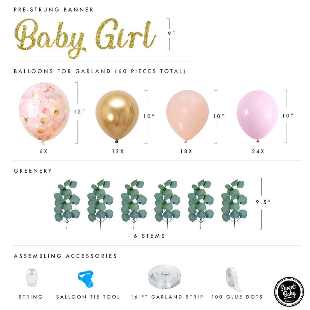 Pink Balloon Garland Kit with 60 Balloons in Peach Blush, White, Gold Chrome, and Pink for Girl Baby Showers and Enchanting Birthdays, Bridal Showers, and Photshoots