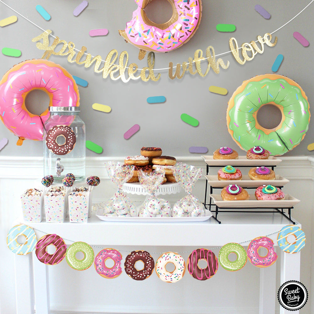 Donut Sprinkle Baby Shower Decorations with Lanterns, Balloons, Honeycomb Balls, and Confetti for Boy or Girl Baby Showers, Gender Reveals, and Birthdays