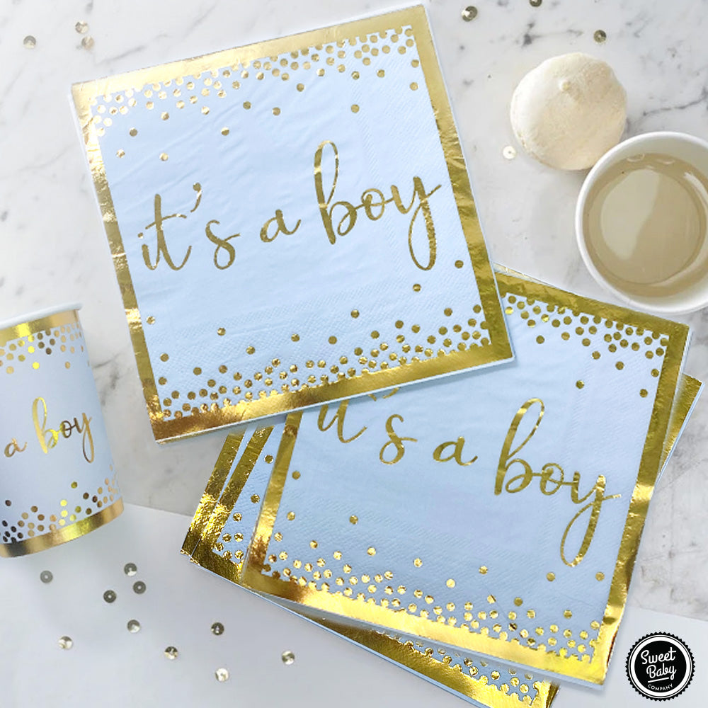 Matte Blue Gold Baby Shower Tableware Set - 24 Plates, Napkins, and Cups for Baby Boy Birthdays, Gender Reveals, and Baby Shower Party Supply