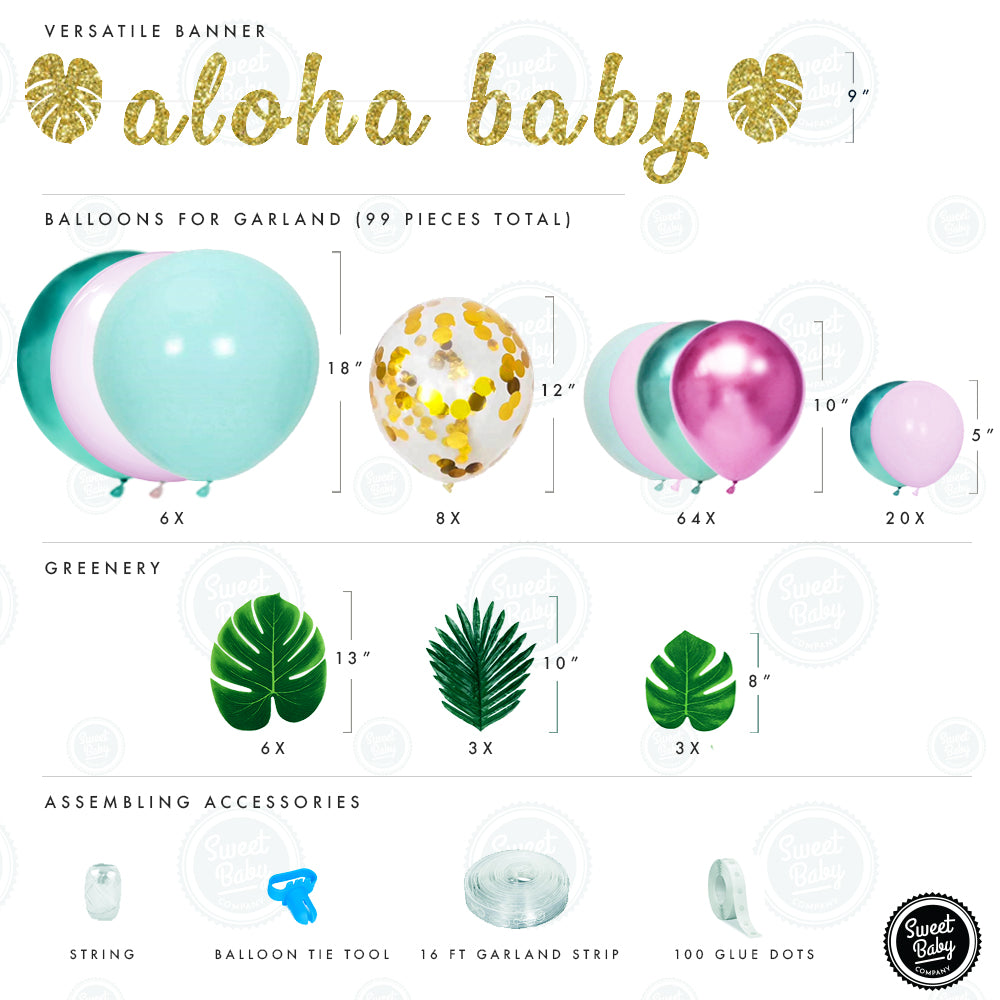 Flamingo Tropical Jungle Baby Shower Decorations Balloon Garland Arch Kit with Pink Green Balloons, Aloha Baby, Leaf Greenery for Hawaiian Luau Theme, Havana Nights Party Decor Supplies