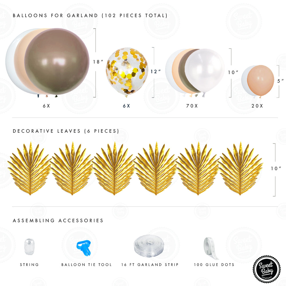 Neutral Brown Balloon Garland Arch Kit with White Matte, Beige Nude Tan, Coffee Brown, Light Gold Confetti Balloons for Baby Shower Decorations, Birthday Party, Bear Themed Backdrop