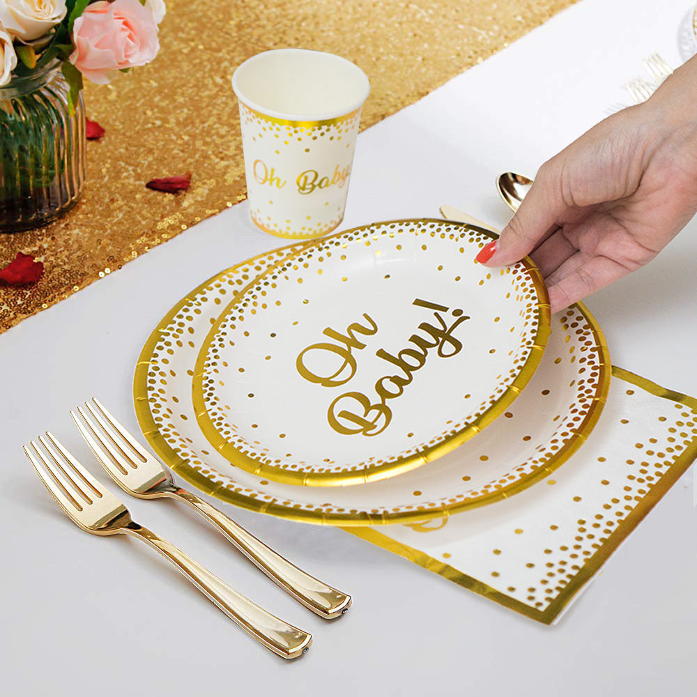 Classic Gold Baby Shower Tableware Set - 24 Plates, Napkins, and Cups for Boy or Girl Birthdays, Bridal Showers, Weddings, and Baby Shower Party Supply