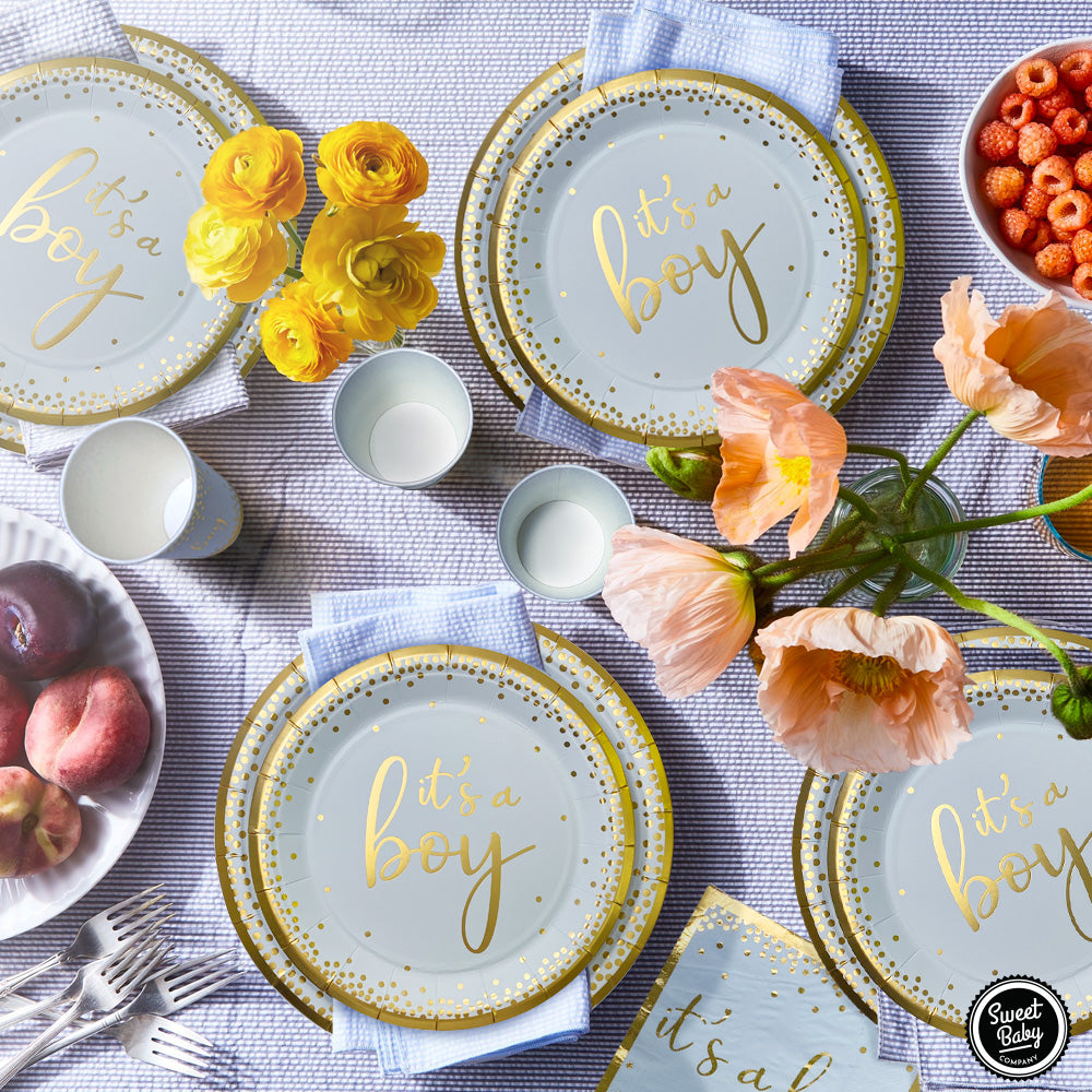 Matte Blue Gold Baby Shower Tableware Set - 24 Plates, Napkins, and Cups for Baby Boy Birthdays, Gender Reveals, and Baby Shower Party Supply