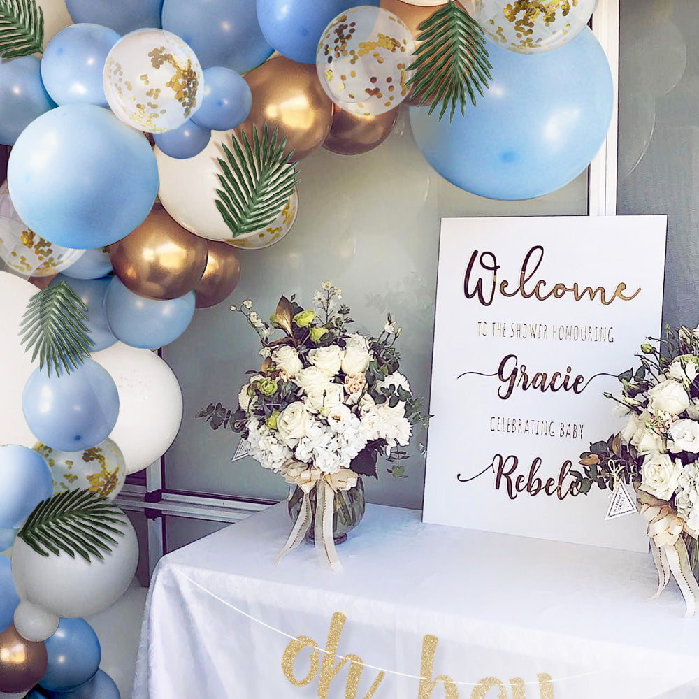 Blue Balloon Garland Kit with Greenery Leaves and 91 Balloons in Macaron Blue, White, and Gold Chrome for Boy Baby Showers, Birthdays, and Maternity Photoshoots