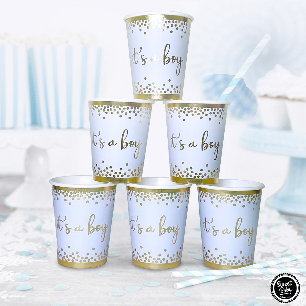 Matte Blue Gold Baby Shower Tableware Set - 24 Plates, Napkins, and Cups for Baby Boy Birthdays, Gender Reveals, and Baby Shower Party Supply