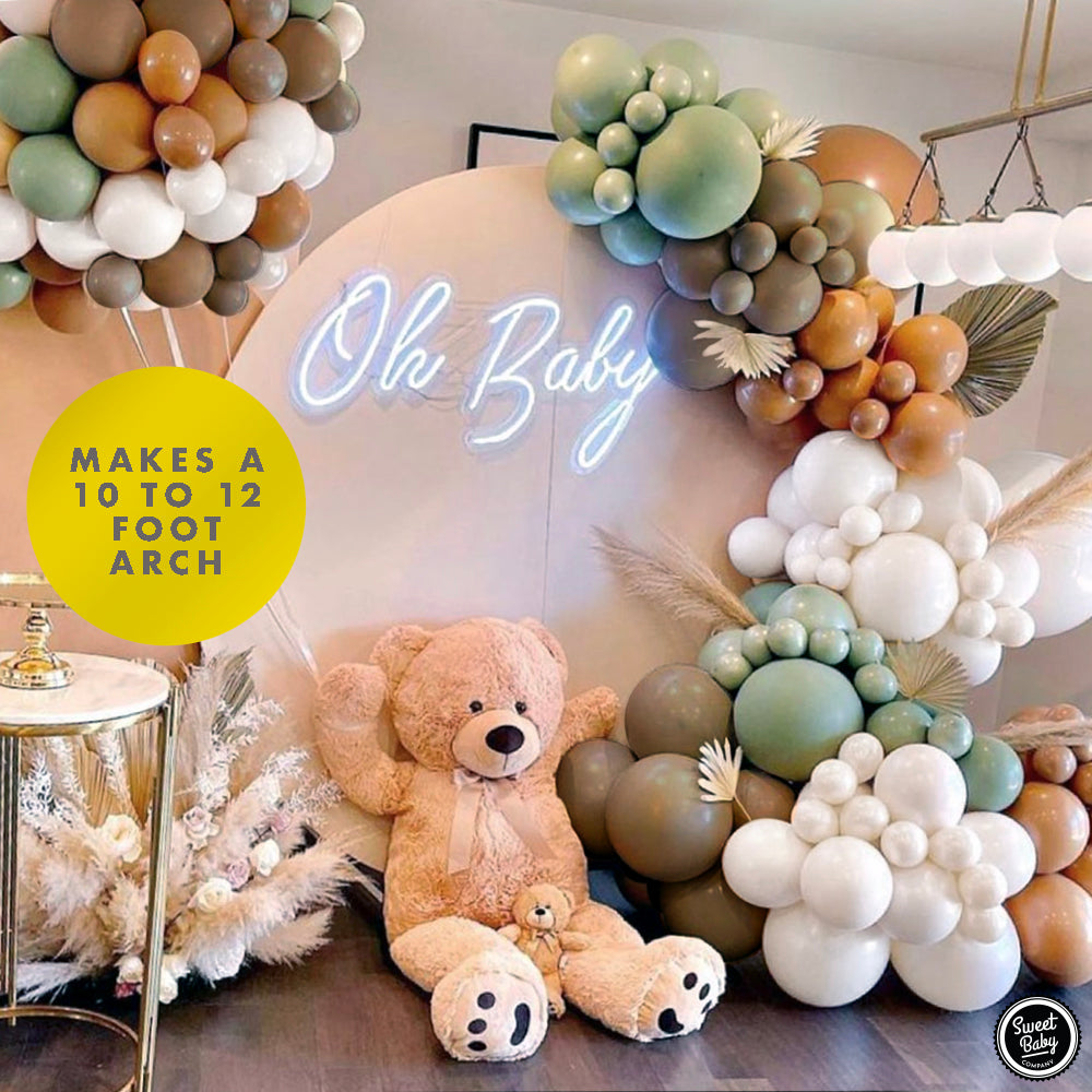 Sage and Earthy Brown Balloon Garland Kit with 95 Balloons in Pearl White, Sage, Cocoa Brown, and Gold Chrome for Woodland Boy or Girl Baby Showers and Safari Jungle Party Decorations