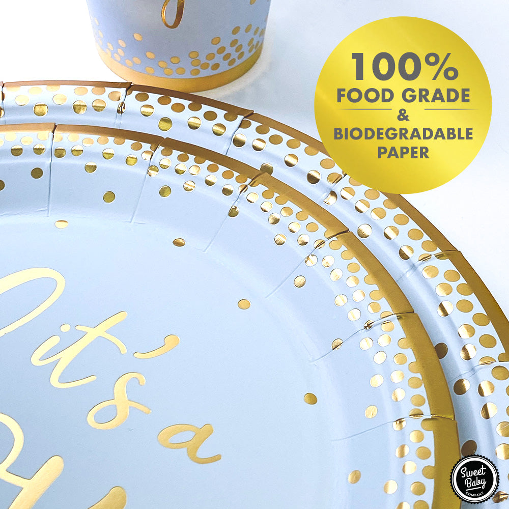 Matte Blue Gold Baby Shower Tableware Set - 24 Plates, Napkins, and Cups for Baby Boy Birthdays, Gender Reveals, and Baby Shower Party Supply