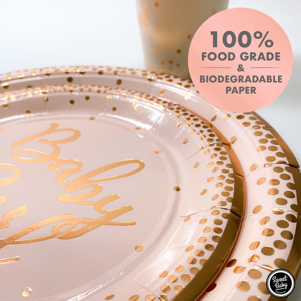 Rose Gold Pink Baby Shower Tableware Set - 24 Plates, Napkins, and Cups for Baby Girl Birthdays, Bridal Showers, Weddings, and Baby Shower Party Supply