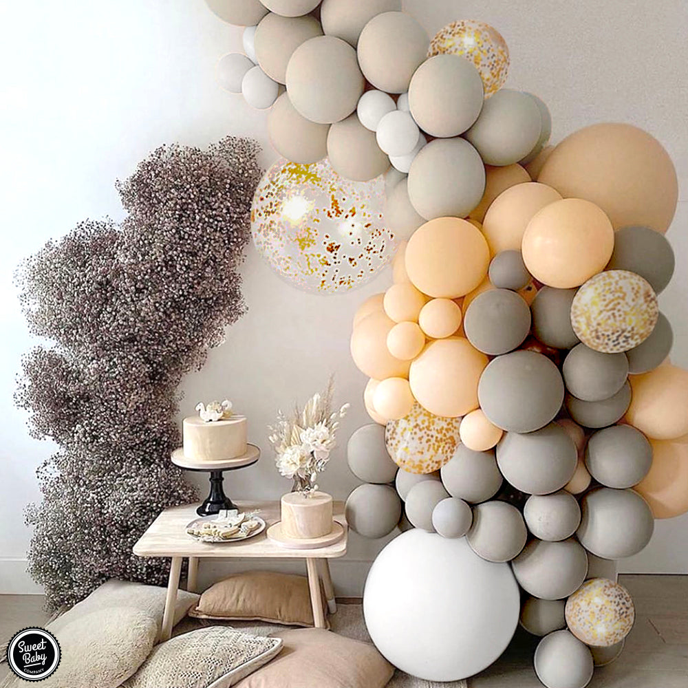 Neutral Balloon Garland Kit Arch with Matte Sand, Gray, Nude Beige Brown, White, Gold Balloons, Boho Bridal Shower Decorations, Birthday Party Decoration