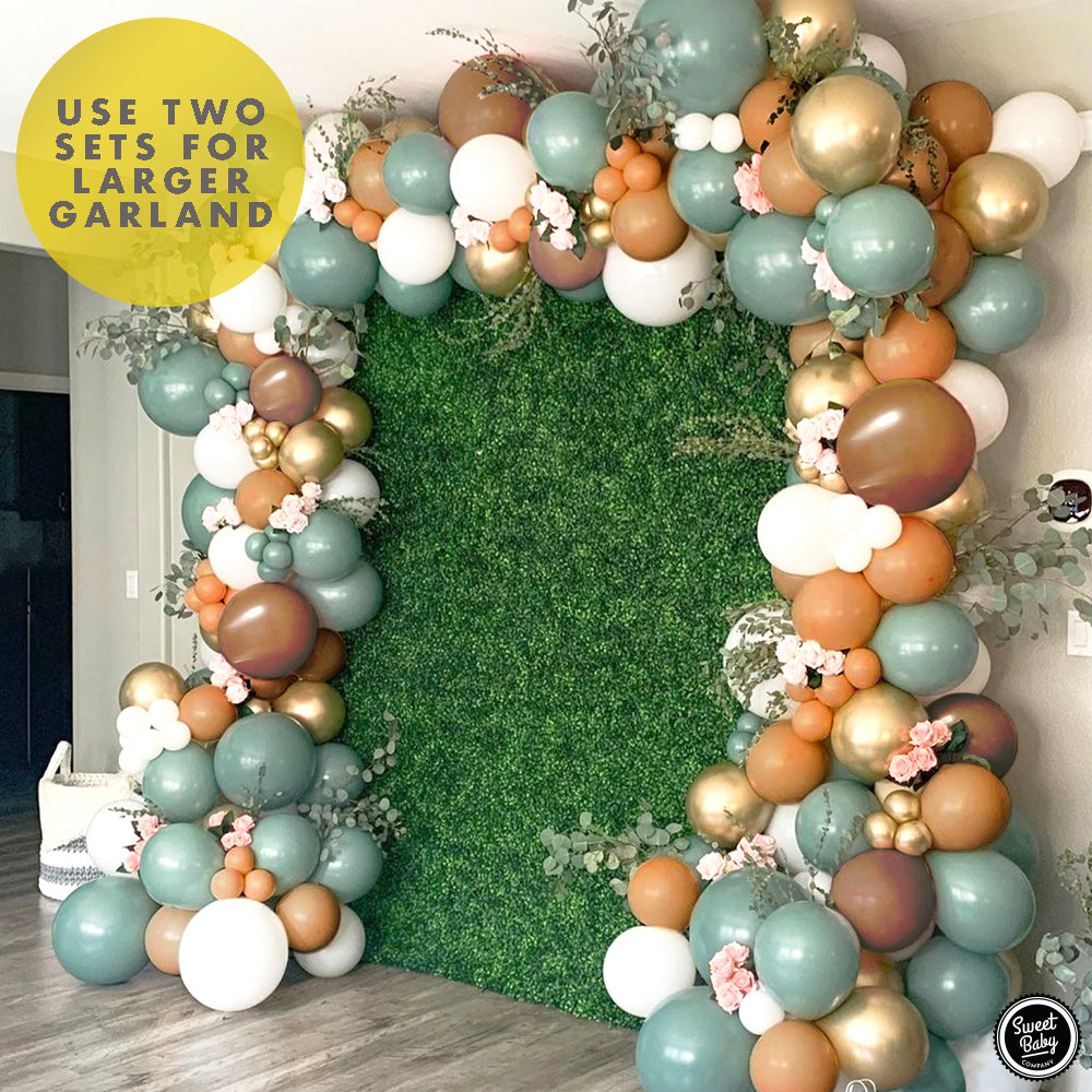Sage and Earthy Brown Balloon Garland Kit with 95 Balloons in Pearl White, Sage, Cocoa Brown, and Gold Chrome for Woodland Boy or Girl Baby Showers and Safari Jungle Party Decorations