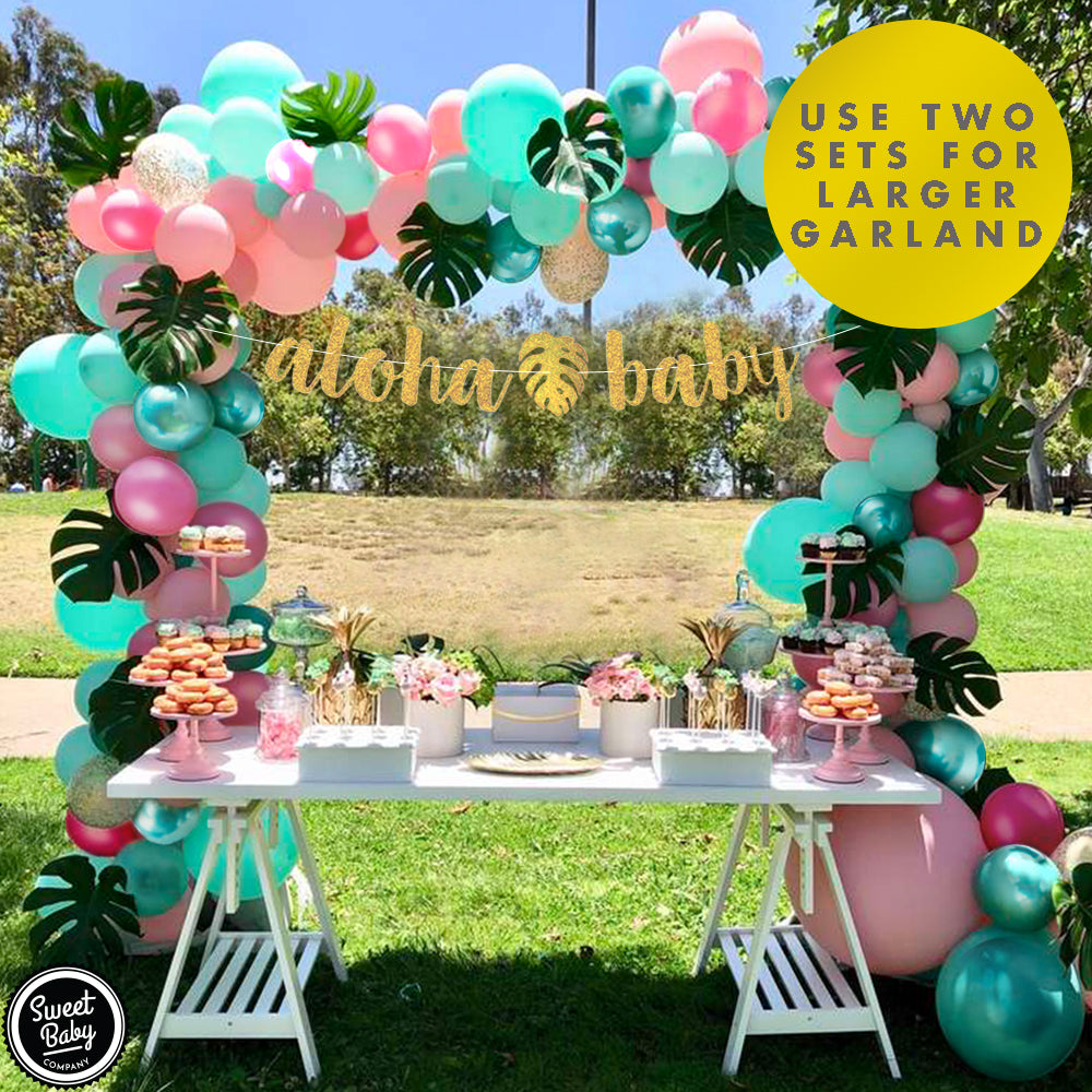 Flamingo Tropical Jungle Baby Shower Decorations Balloon Garland Arch Kit with Pink Green Balloons, Aloha Baby, Leaf Greenery for Hawaiian Luau Theme, Havana Nights Party Decor Supplies