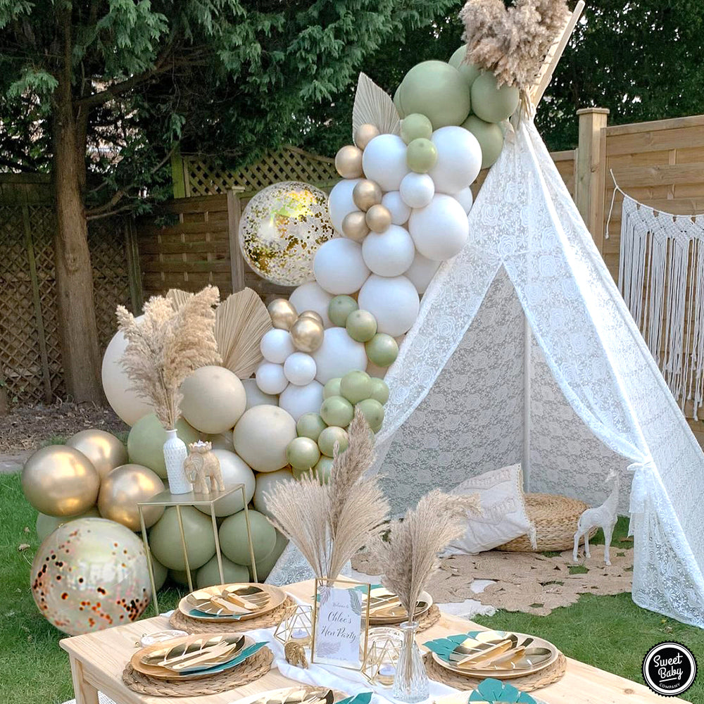 Sage Green Balloon Garland Kit for Neutral Arch with Matte Sage Olive, Taupe, White, Gold Metallic, Confetti Balloons for Baby Shower, Eucalyptus Party Decorations