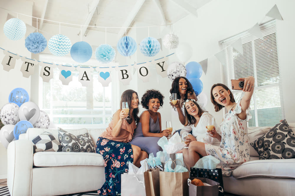 Sweet Baby Co. Baby Shower Decorations For Boy With It's A Boy Banner, Paper Lanterns, Honeycomb Balls, Paper Tissue Pom Poms, Confetti Balloons, Silver Balloon Ribbon (Baby Blue, True Blue, Grey and White) | Baby Shower Decorations Set