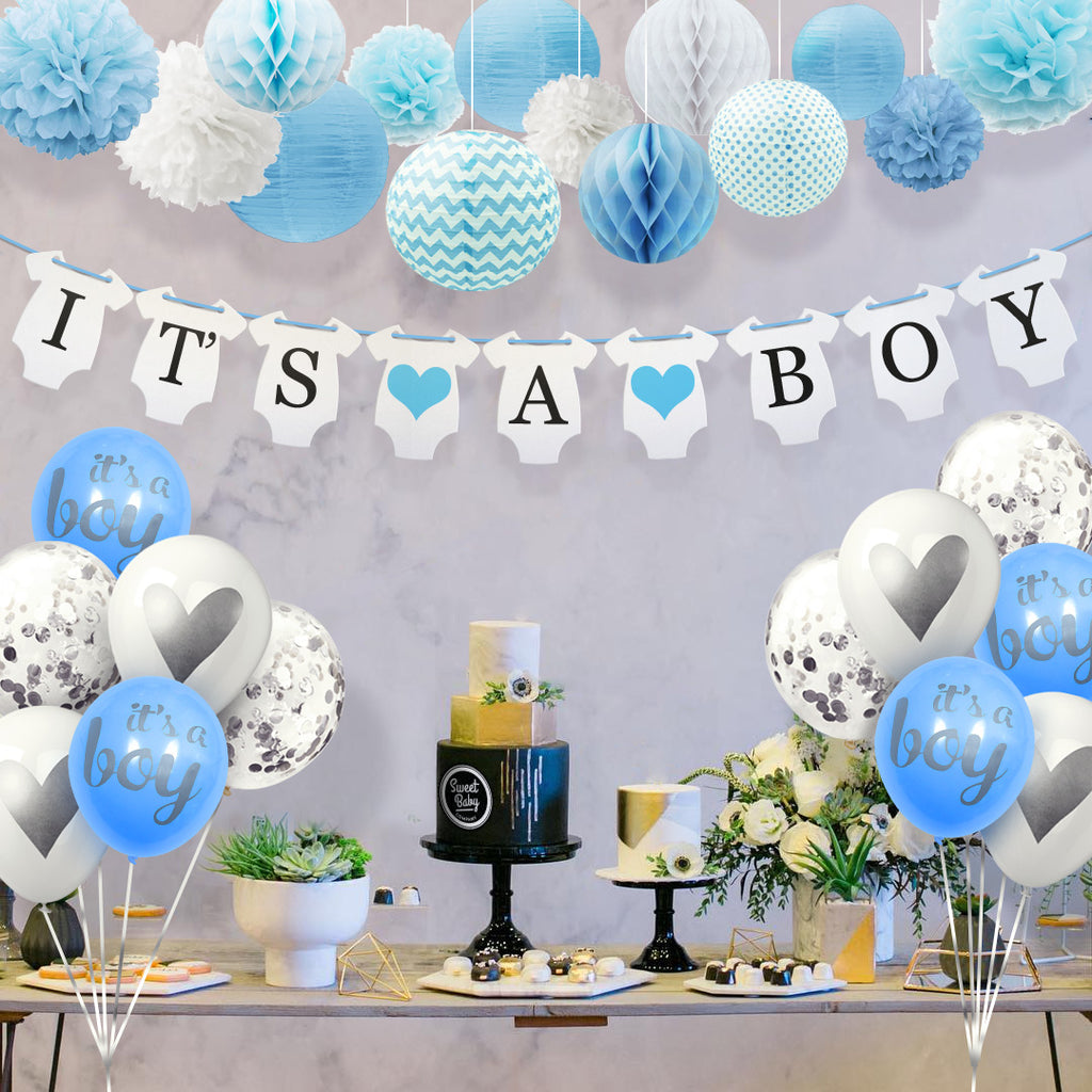 Sweet Baby Co. Baby Shower Decorations For Boy With It's A Boy Banner, Paper Lanterns, Honeycomb Balls, Paper Tissue Pom Poms, Confetti Balloons, Silver Balloon Ribbon (Baby Blue, True Blue, Grey and White) | Baby Shower Decorations Set
