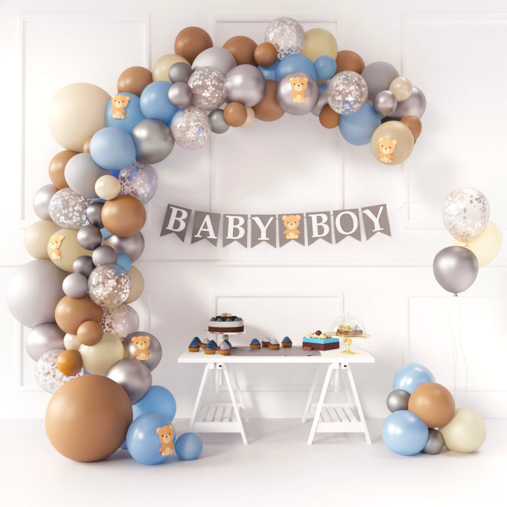 Teddy Bear Baby Shower Decorations for Boy with Balloon Garland Arch Kit, Baby Boy Banner, Small Teddy Bear Theme Decor, Blue Brown Ivory Gray Silver Balloons