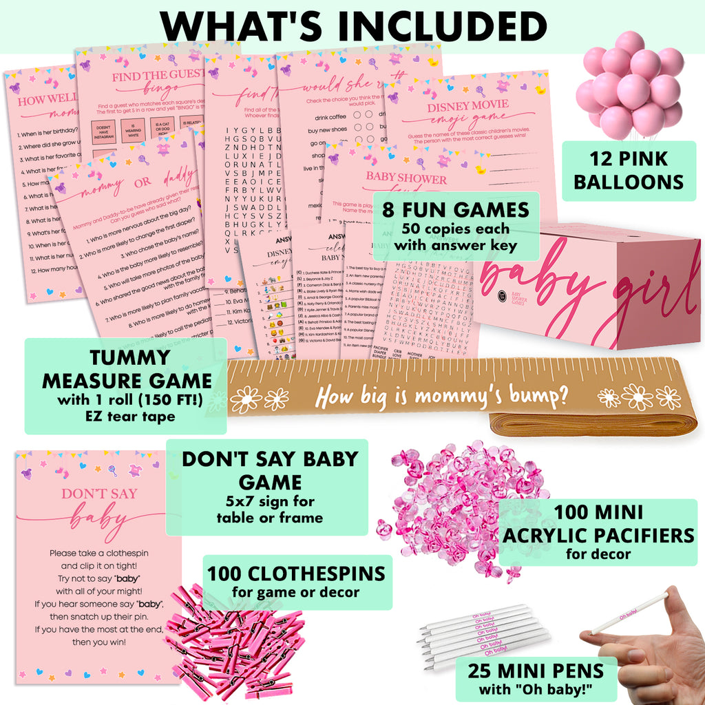 Baby Girl Shower Games Bundle with 10 Fun Games, 25 Pens, 100 Mini Acrylic Pacifiers, Clothespins, and 12 Pink Balloons for Baby Shower Celebrations