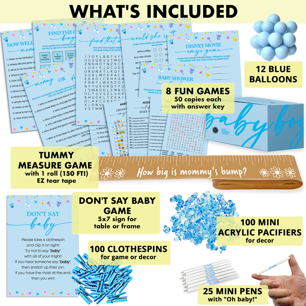 Sweet Baby Co. Baby Shower Games Boy with Tummy Tape, Dont Say Baby, Bingo Game Package and Baby Shower Decorations for Boy, 10 Fun Games, 25 Pens, 100 Mini Acrylic Pacifiers, Clothespins 12 Balloons