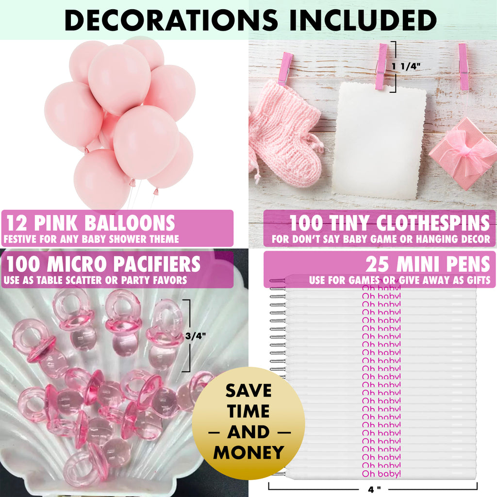 Baby Girl Shower Games Bundle with 10 Fun Games, 25 Pens, 100 Mini Acrylic Pacifiers, Clothespins, and 12 Pink Balloons for Baby Shower Celebrations