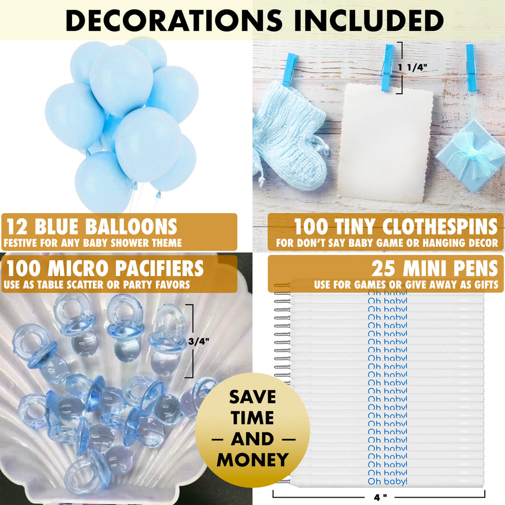 Baby Boy Shower Games Bundle with 10 Fun Games, 25 Pens, 100 Mini Acrylic Pacifiers, Clothespins, and 12 Blue Balloons for Baby Shower Celebrations